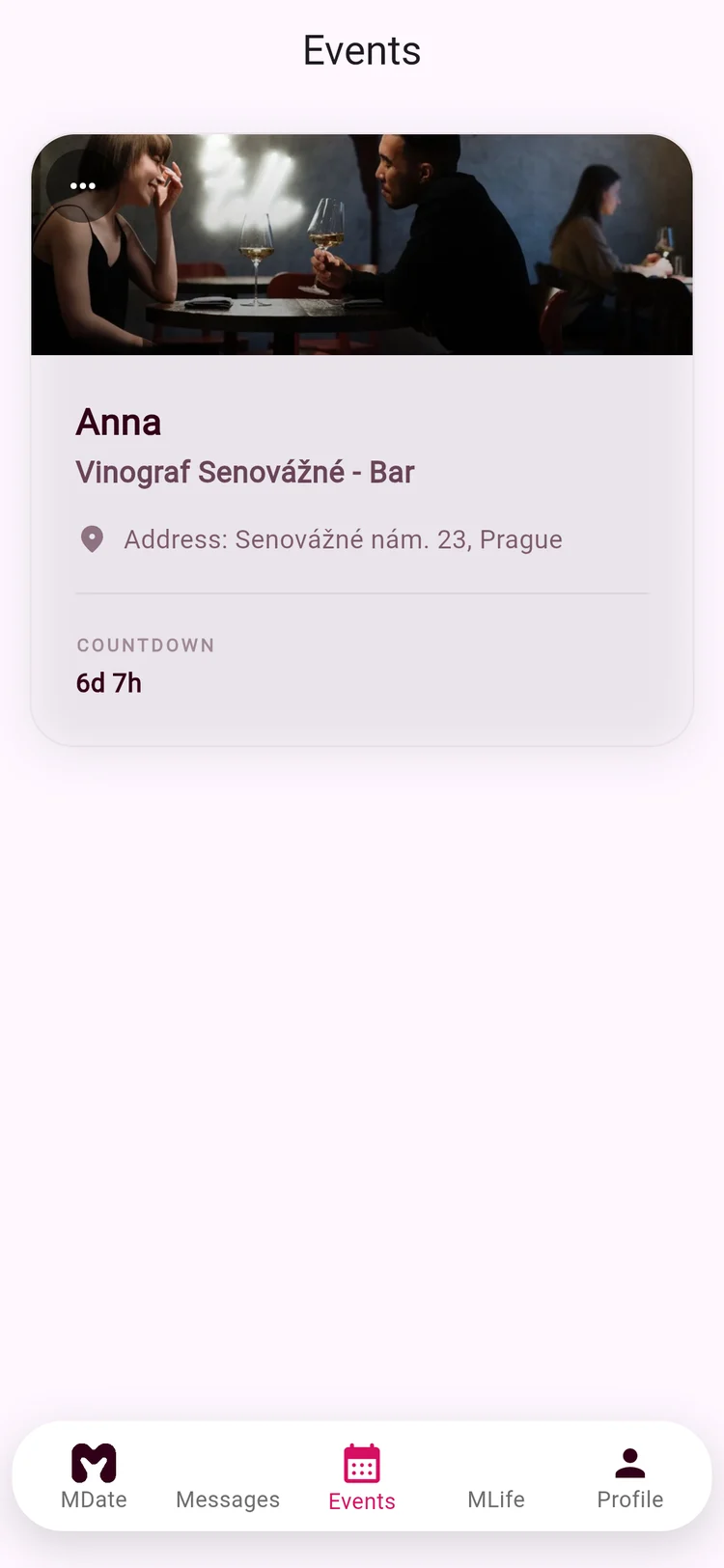 M app: the planned date with place and countdown