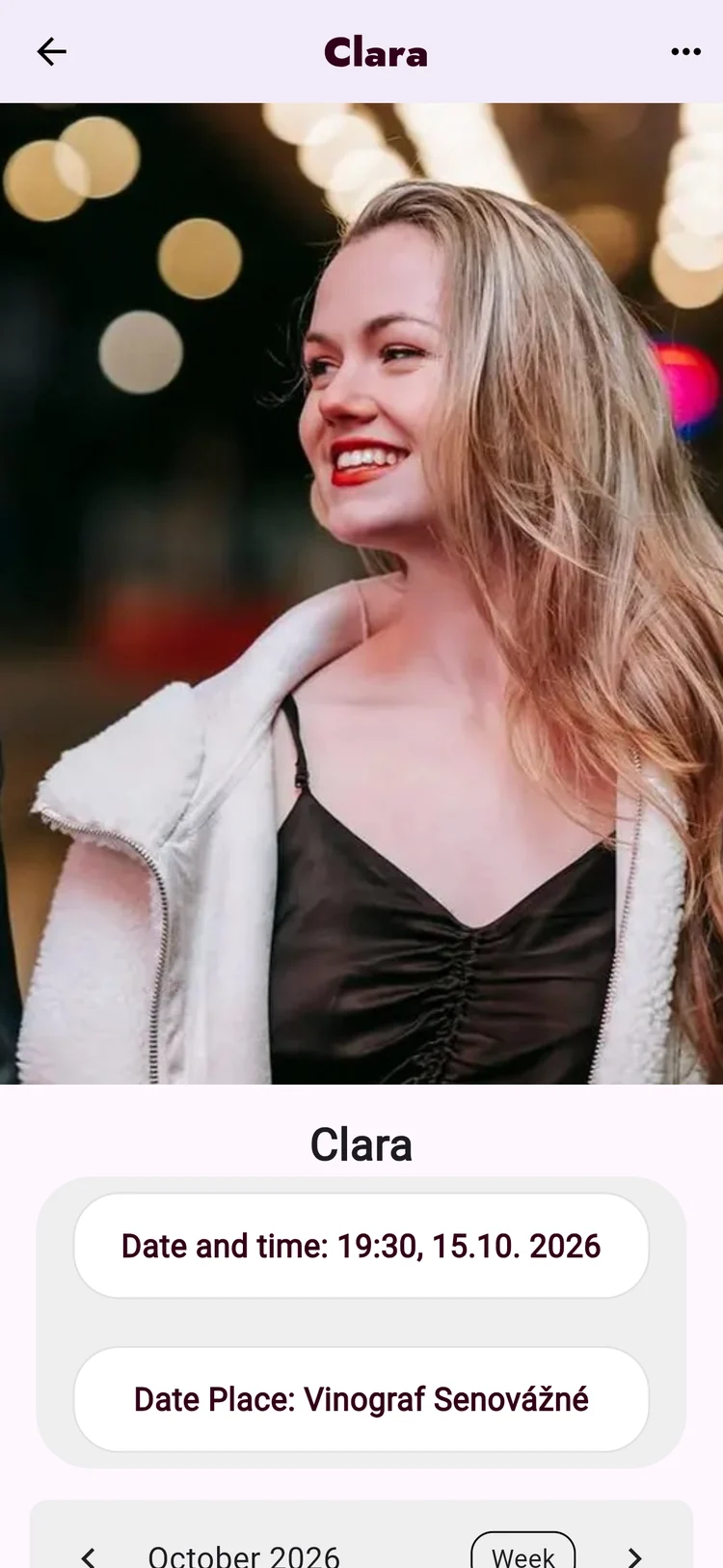 M app: a match’s profile with the planned date